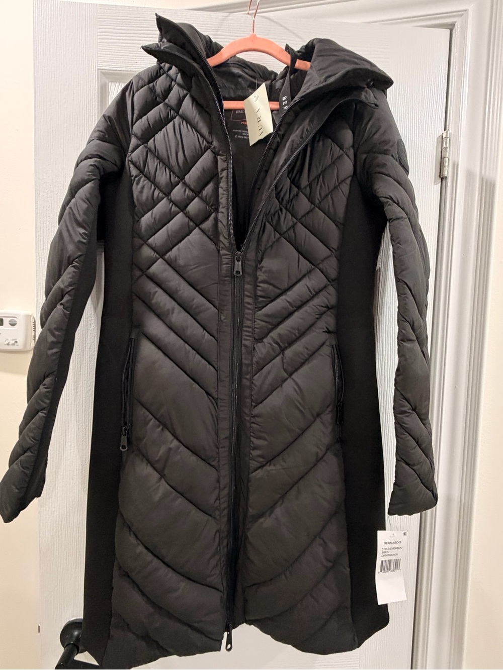 Bernardo Black Long Quilted Hooded Puffer Coat